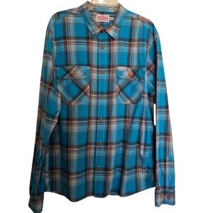 True Religion Turquoise Orange Blue Brown Plaid Button-Down Shirt